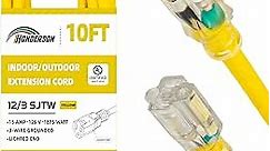 HONDERSON 10FT 12/3 Lighted Outdoor Extension Cord - 12 Gauge SJTW Heavy Duty Yellow Extension Cable with 3 Prong Grounded Plug for Safety,UL Listed