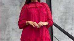 Feeling chic in red 🔥 Check out our Swiss Dot Lantern Sleeve Ruffled Hem Chiffon Dress! #yarnndarn