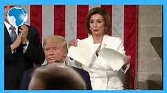 Democratic speaker of the House of Representatives, Nancy Pelosi, appears to tear up a copy of President Trump's speech as he finishes his State of the Union address