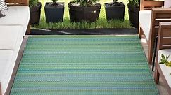 8x10 Waterproof, Reversible Plastic Straw Outdoor Rugs for Patios | Also for Camping, RV, Deck, Porch, Balcony, Camp, Patio | Green, Stripe | Size: 7'10'' x 10'2''