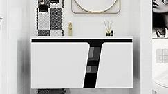 40 inch Bathroom Vanity with Ceramic Sink, Modern Floating Bathroom Vanity, Wall-Mounted Bathroom Vanity Cabinet with Ceramic Sink Top & Soft-Close Doors, 40'' Bathroom Vanity, White & Black