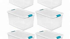 Sterilite 64 Qt Latching Storage Box, Stackable Bin with Latch Lid, Plastic Container to Organize Clothes in Closet, Clear with White Lid, 6-Pack
