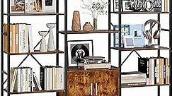 HOME BI Triple 5 Tier Book Shelf, Large Industrial Bookcases with 13 Open Display Shelves and Wood Cabinet, Wide Bookshelves for Bedroom, Home & Office, Brown