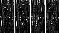 Muhome Halloween Black Foil Fringe Curtains, 4PCS 3.28FT x 8.2FT Tinsel Door Curtains Black Fringe Backdrop for Wedding Birthday Gatsby Bachelorette 1920s Party Decorations