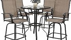 5 Piece Patio Bar Height Set w/ 4 Outdoor Swivel Chairs and 1 High Glass Bar Table, High Top Bistro Set – Brown
