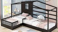 CITYLIGHT House Bed Frame with 2 Twin Beds, Wood L-Shaped 2 Beds Twin Montessori Bed with Roof,Window,Fence and Slatted Design, Corner Playhouse Bed for Kids Girls Boys Bedroom,Espresso