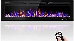60" Electric Fireplace Wall Mounted and Recessed with Remote Control, 750/1500W Ultra-Thin Wall Fireplace Heater W/Timer Adjustable Flame Color and Brightness, Log Set & Crystal Options