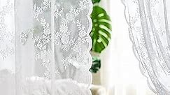 MIULEE White Lace Curtains 84 Inches Long for Living Room Bedroom, Scalloped Sheer Curtains Rose Floral Embroidered Farmhouse Window Drapes Vintage European Tulle Retro Style, Rod Pocket, 2 Panels Set