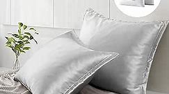 Goose Feather Down Pillows with Satin Pillowcases, 100% Cotton Silk Pillow Cover with Hidden Zipper, Light Grey, King Size, 20 x 36 inches, Pack of 2