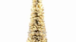 7.5FT Pre-Lit Pencil Christmas Tree, Flocked Portland Pine Artificial Christmas Tree w/350 LED Lights & 573 PVC Branch Tips, Metal Hinges & Base