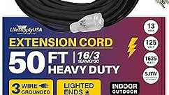 50 ft Power Extension Cord Outdoor & Indoor Heavy Duty 16 Gauge/3 Prong SJTW (Black) Lighted end Extra Durability 13 AMP 125 Volts 1625 Watts by LifeSupplyUSA
