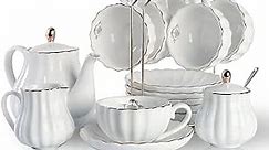 Porcelain Tea Sets British Royal Series, 8 OZ Cups& Saucer Service for 6, with Teapot Sugar Bowl Cream Pitcher Teaspoons and tea strainer for Tea/Coffee, Pukka Home (Pure White)