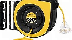 Retractable Cord Reel, 60 FT Heavy Duty Extension Cord, 12AWG/3C SJTOW, 3 Grounded Outlets Lighted Triple Tap, 15A Circuit Breaker, Wall/Ceiling Mounted, UL Listed, Yellow Y60CR06