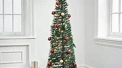 Pop Up Christmas Tree with Lights - 6Ft, Collapsible for Easy Storage, 150 Warm White LED, Ornaments & Bow Included, Decorated Artificial Pencil Tree, Green