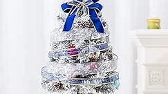 Small Artificial Christmas Tree Decorations - Mini Christmas Table Top Tree 2FT, Xmas Desk 24Inch Tree with 20 LED Ribbon Lights, Hanging Ornaments for Home Decor Indoor Office Holiday Tabletop Party