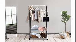 MOUTIK Double Rod Clothing Hanging Rack: Metal Rolling Garment Organizer Hanger with 2 Tier Storage Shelves - Industrial Rail Hang Clothes Display Stand on Wheels for Coat Dress Bedroom Black