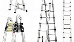 Aluminum Telescopic Extension Ladder 16.5 FT Aluminum Alloy Extendable Lightweight A-Frame Ladder Steps for Roofing Business, Household Use, RV Outdoor Work, 330 lbs Capacity, EN 131, Silver