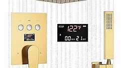 AYIVG Brushed Gold Rainfall Shower System 12 Inches Bathtub Shower Faucet Set Wall Mounted Temperature Control Display Shower System with Tub Spout Rain Shower Head and Handheld Combo Shower Fixtures