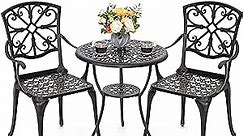 NUU GARDEN 3 Piece Bistro Table Set Cast Aluminum Outdoor Furniture Weather Resistant Patio Table and Chairs with Umbrella Hole for Yard, Balcony, Porch, Black with Gold-Painted Edge