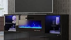 68" Fireplace TV Stand with 40" Electric Fireplace, Modern High Gloss Fireplace Entertainment Center with LED Lights for TVs up to 78", TV Console with Glass Shelves for Living Room, Black