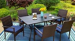 MF Studio 7-Piece Outdoor Patio Dining Sets with 1 PC Rectangle Metal Table and 6 PCS Rattan Cushioned Chairs, Navy Blue