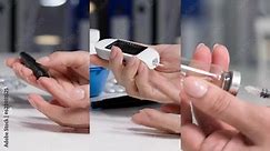 diabetes treatment, a young woman uses medical devices to measure blood sugar levels, draws insulin into a syringe, collage