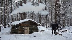 Winter shelter building in the woods, Solo bushcraft, Off grid log cabin