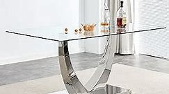 Glass Dining Table for 6 People, 62.8" Modern Kitchen Dining Room Table with Rectangular Tempered Glass Tabletop and U-Shape Pedestal Base,Large Dinner Pedestal Table for Dining Room