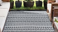 9x12 Waterproof, Reversible Plastic Straw Outdoor Rugs for Patios | Also for Camping, RV, Deck, Porch, Balcony, Camp, Patio | Black, Stripe | Size: 8'10'' x 11'10''