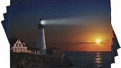 Lunarable Lighthouse Place Mats Set of 4, Portland Headlight Lighthouse at Dawn Rocks Houses Fences Lamp Rays Art, Washable Fabric Placemats for Dining Room Kitchen Table Decor, Navy Blue Orange