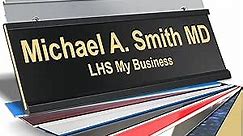 LHS | Custom Name Plate for Doors, with Choice of Mounting Holders for Walls, Doors, Cubicles, Hanging and More | Personalized Gloss Black Plastic Gold Letters | USA Made 2x6 - B3