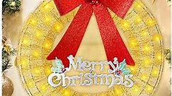 Gold Christmas Wreath with Lights, Metal Christmas Wreaths Clearance with Tinsel for Front Door, Home, Holiday Decor (20 in)