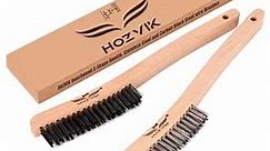 Hozvik Wire Brush Set 2Pcs Carbon and Stainless Steel Wire Brushes for Cleaning Rust, Scratch Metal Wire Brushes Set for Cleaning Scrubbing Welding Dust Rust Removal Heavy Duty Curved Beechwood Handle