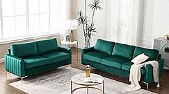 SLEERWAY Tufted Velvet Accent Chair, Mid Century Modern Comfy Living Room Furniture Set Bedroom Club Lounge Reading, 5.5 inch Cushioned, Golden Legs (Green, Couch and Loveseat Sets)