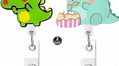 ZOSTLAND Little Green Dinosaur Cartoon Cute Retractable Badge Reel, Holder for Office Work Nurses ID and Name Tag with Metal Back Clip, 28 inch Cord Extension (2Pack Dinosaur)