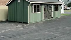 A HUGE Garden Quaker Shed featuring beautiful Carriage House Double Doors. Add some aluminum ramps and you’d ready to store almost anything!#shedideas #sheshed #storagehacks #mancave #homeoffice | Lapp Structures