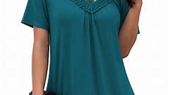 FOLUNSI Women's Plus Size Summer Tops Short Sleeve Lace Pleated Blouses Tunic Tops M-4XL