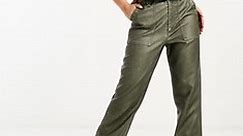 ASOS DESIGN washed leather look pants with adjustable waist in khaki | ASOS
