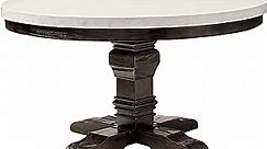 Benjara Dining Table with Marble Top and Pedestal Base, White and Gray