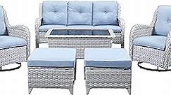 Wicker Outdoor Furniture Patio Furniture Set - 6 Piece Patio Conversation Set with Swivel Rocker Chairs, Rattan Sofa, Ottomans and Coffee Table, Baby Blue Cushion