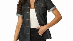 Women's Denim Shirt Collared Short Sleeve Chest Pocket Button Up Shirt Black S - Walmart.ca