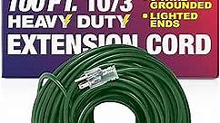 100 ft Power Extension Cord Outdoor & Indoor Heavy Duty 10 Gauge/3 Prong SJTW (Green) Lighted end Extra Durability 15 AMP 125 Volts 1875 Watts ETL Listed by LifeSupplyUSA