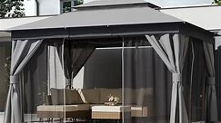 LAUSAINT HOME 10'x13' Patio Gazebo, Double Roof Outdoor Shelter Tent with Mosquito Nettings and Privacy Screens, Gray