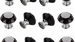 12 Pcs Black Crystal Glass Cabinet Knobs-30mm Diamond Shape Pulls Handles for Armoire Drawer Dresser Kitchen Cabinets Wardrobe Bathroom Cabinet Desk (Black Crystal Silver Base)