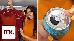 Hang multiple garments in your closet by using soda can tabs on the hangers | space-saving hack
