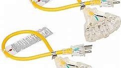2 Foot 3 Way Extension Cord with Lighted End, Electrical Splitter Perfect for Indoor/Outdoor, Short Grounded 15-Amp 1875W Power-Cord, 14-Awg, UL Listed, Yellow (2 Pack)