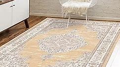 IKALIFE Ultra-Thin Washable Vintage Area Rug 4'x6' for Living Room, Low-Pile Persian Boho Rugs Non-Shed Non Slip, Unique Chenille Printed Home Decor, Perfect for Bedroom Dining Room Kitchen, Yellow