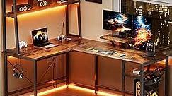 L Shaped Gaming Desk, Reversible Corner Computer Desk with Storage Shelves & Removable Monitor Stand, Home Office Rustic Desks Gaming Table with LED Lights & Power Outlets for Bedroom, Rustic Brown