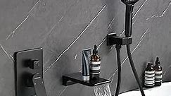 Wall Mount Waterfall Bathtub Faucets with Sprayer Tub Filler Faucet Tub Shower Faucet Set with Rough-in Valve Trim Kit Matte Black