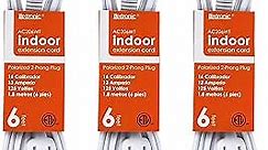 Luxtronic 2-Prong Indoor Extension Cord - Includes 3 Polarized Outlets with Protective Plug Cover - ETL Certified, 16 Gauge, 125 Volts (6 Feet Long, White) - Pack of 3